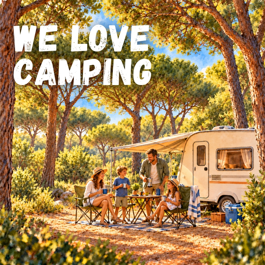 Eine Familie sitzt an einem Tisch vor einem Wohnwagen im Wald und genießt das Camping; im Bild steht der Text We love camping.