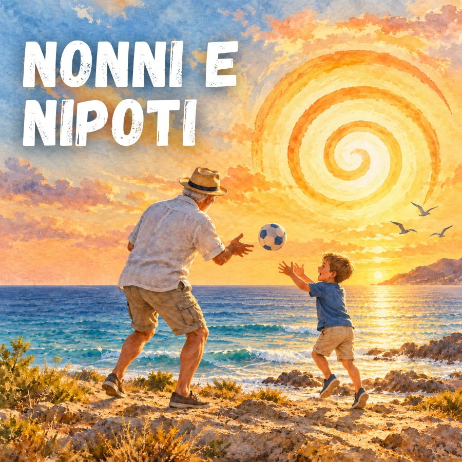 Un nonno e suo nipote giocano a calcio sulla spiaggia al tramonto, con un grande sole a spirale nello sfondo.