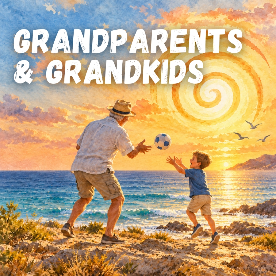An elderly man and a young child playing catch with a ball on a sunny beach at sunset, with a spiral sun in the sky and the words 'GRANDPARENTS & GRANDKIDS' across the top.