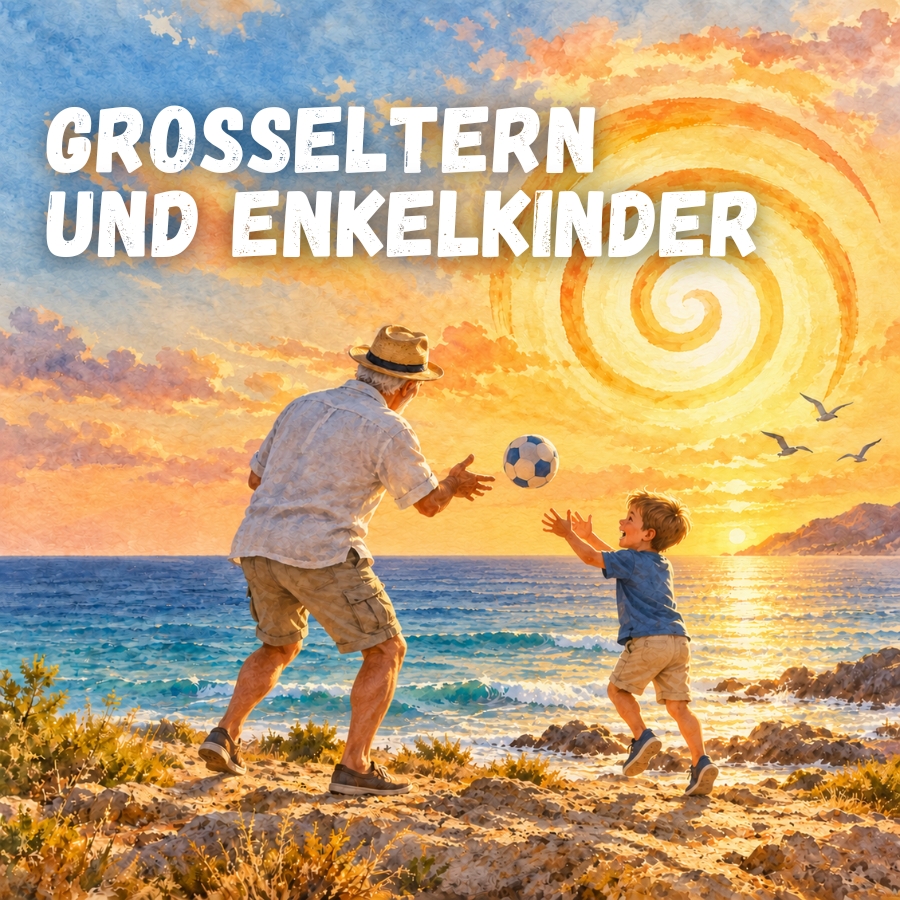 Ein Großvater spielt am Strand mit seinem Enkel, sie werfen einen Ball, während die Sonne über dem Meer untergeht; der Himmel leuchtet orange, im Hintergrund fliegen Vögel und eine spiralförmige Spirale dominiert den Himmel; oben steht der Text Großeltern und Enkelkinder.