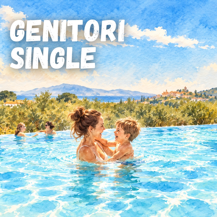 Una donna in piscina sostiene un bambino tra le braccia e sorride; sullo sfondo si vedono colline, mare e alberi, con il testo bianco 'GENITORI SINGLE' in alto a sinistra.