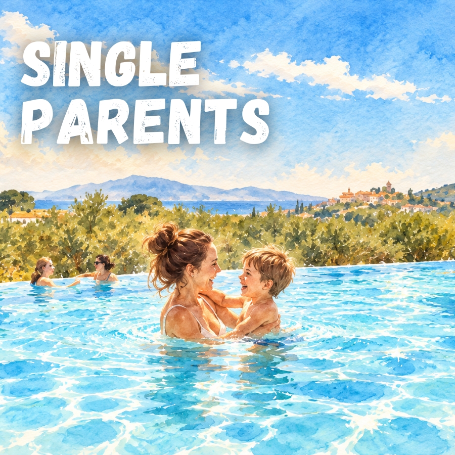 A woman holds a young child in a bright outdoor swimming pool, with a scenic landscape of trees and hills in the background; the bold white title 'Single Parents' appears at the top left.