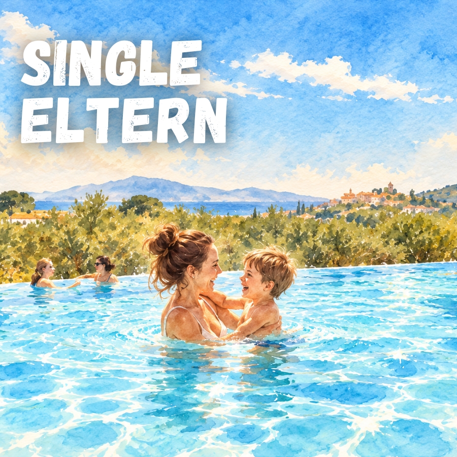 Eine Frau hält einem Kind im Schwimmbecken zu und lächelt dem Kind zu; im Hintergrund eine grüne Landschaft mit Bäumen, Hügeln und blauem Himmel; oben links steht der Schriftzug 'SINGLE ELTERN'.