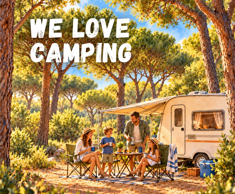 Una famiglia in campeggio accanto a una roulotte, seduta a un tavolo all'aperto tra alberi durante una giornata di sole; una donna, due bambini e un uomo sorridenti condividono un momento, con la scritta WE LOVE CAMPING in alto a sinistra.