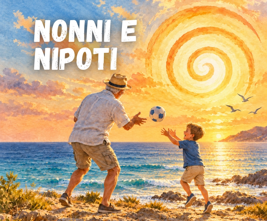 Poster che ritrae un nonno e il nipote che giocano a palla sulla spiaggia al tramonto, con il sole a spirale nel cielo, il mare sullo sfondo e gabbiani in volo.