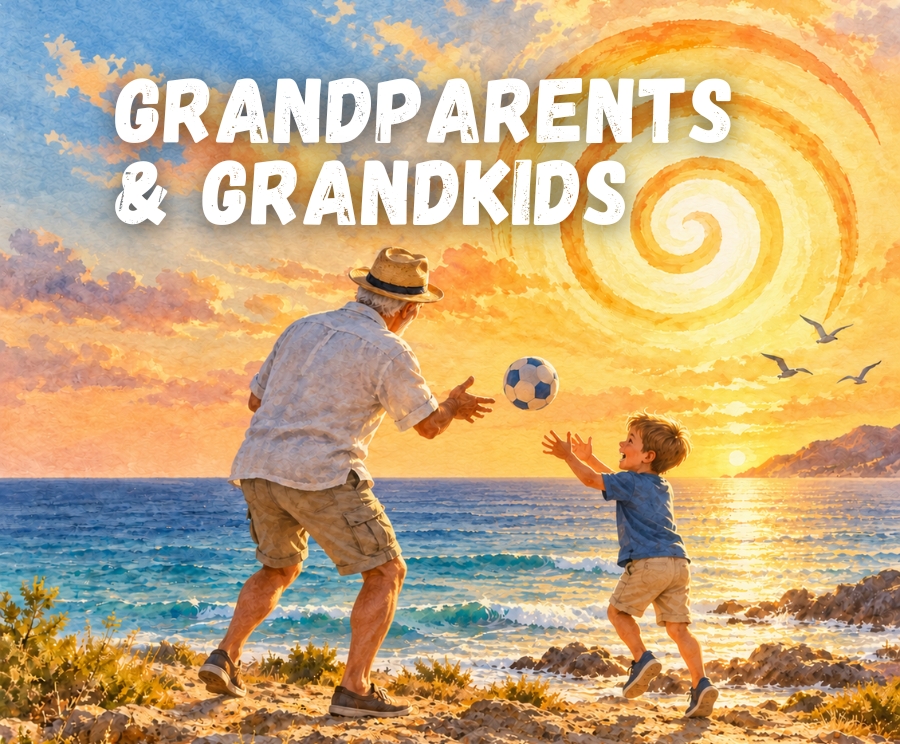 An older man wearing a hat and a young boy playing soccer on a rocky beach at sunset, with a spiraling sun in the orange sky and bold white text reading 'GRANDPARENTS & GRANDKIDS' across the top.