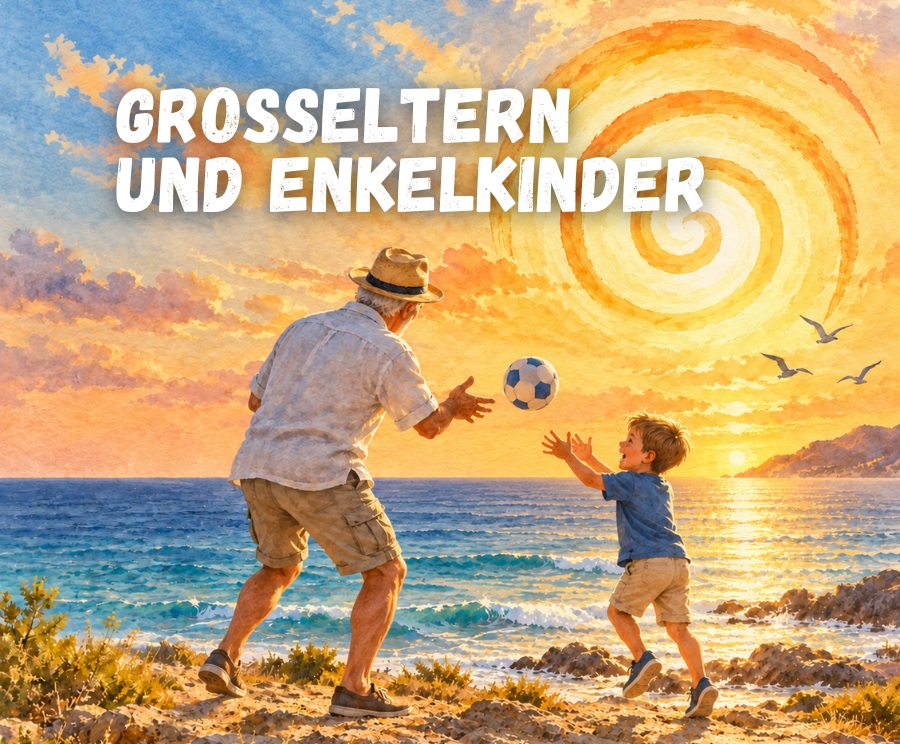 Ein Großvater spielt am Strand mit seinem Enkelkind und wirft ihm einen Ball zu; im Hintergrund geht die Sonne über dem Meer unter, der Himmel leuchtet in Orange- und Gelbtönen, und oben im Bild steht der Text Großeltern und Enkelkinder.