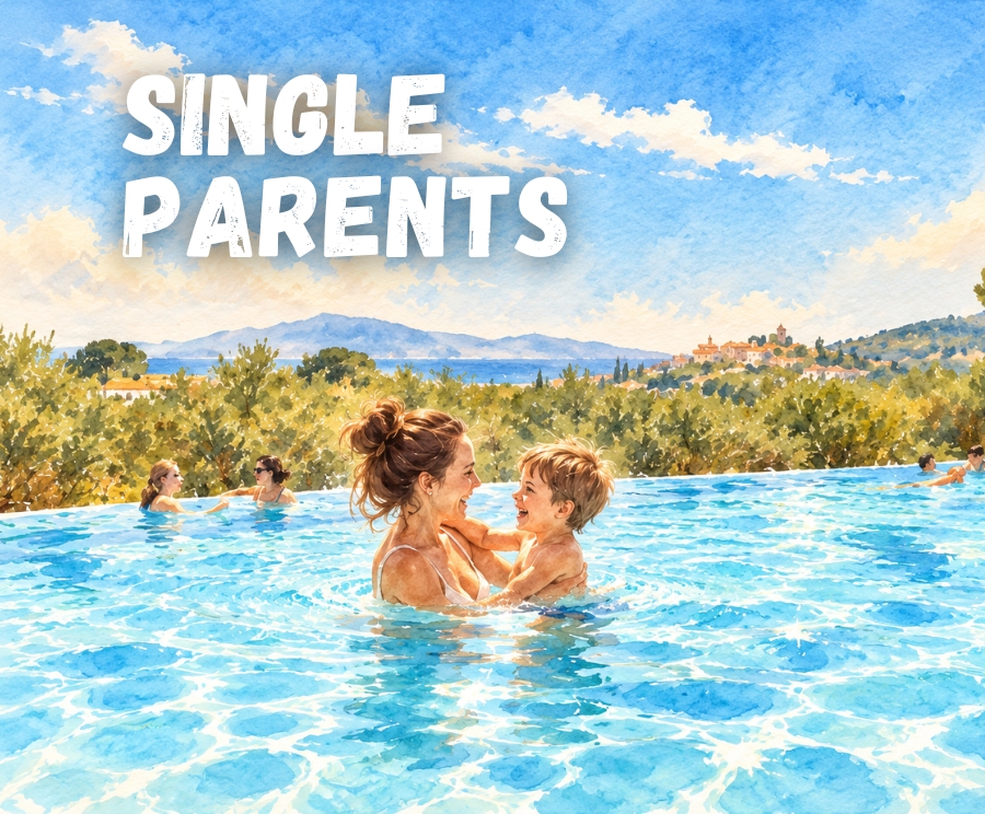 A woman holding a young child embraces in a sparkling outdoor pool, with a scenic hillside landscape in the background and the bold white text 'SINGLE PARENTS' across the sky.